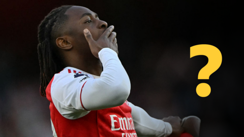 Eberechi Eze celebrating next to a question mark