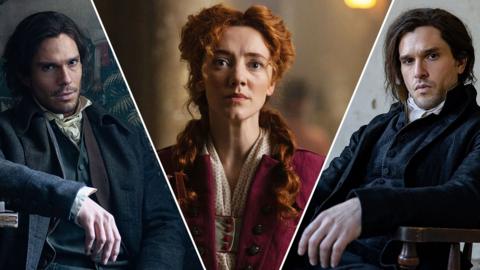 Split of François Civil as Charles Darnay, Mirren Mack as Lucie Manette and Kit Harington as Sydney Carton in A Tale of Two Cities