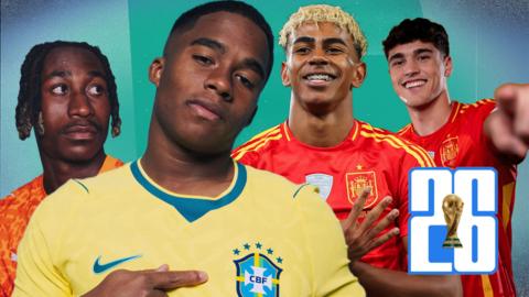 Yan Diomande of Ivory Coast, Endrick of Brazil, Lamine Yamal of Spain and Pau Cubarsi of Spain
