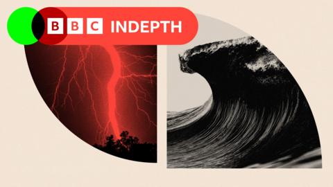 Two treated images of a large wave and a large fork lightning strike at night.