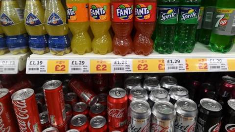 Supermarket shelves with fizzy drinks cans including Fanta, Sprite and Coke