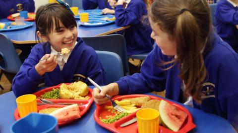 Two school kids eating school dinners.