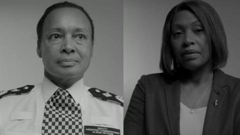 Dr Alison Heydari on the left and former Inspector Jennifer Donaldson on the right are pictured in black and white. Dr Heydari is wearing her Metropolitan Police uniform. Her hair is black and pulled back and she is looking into the distance. Jennifer Donaldson is wearing a dark jacket and a white top with a necklace. Her hair is dark and cut in a bob. She is looking into the camera.