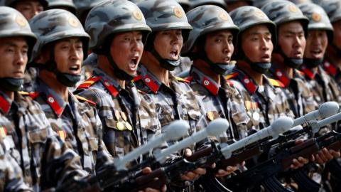 North Korean soldiers march during a parade in Pyongyang, North Korea. Photo: April 2017