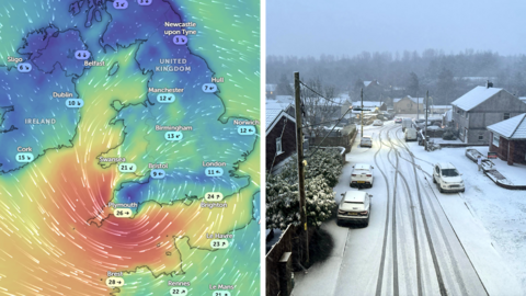 A weather radar image next to a picture of a snow-covered road in Wales
