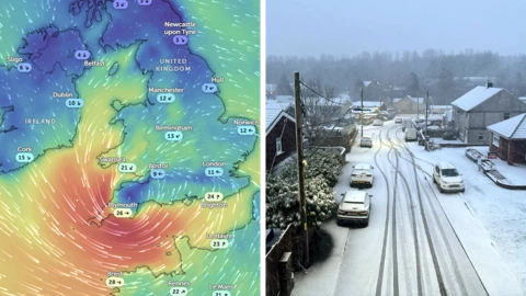 A weather radar image next to a picture of a snow-covered road in Wales 