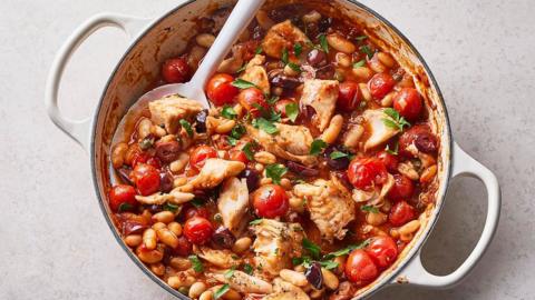 White fish and cannellini bean puttanesca one-pot bake