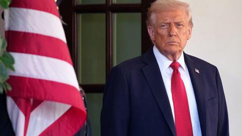 President Donald Trump at the White House. A US flag is placed to his right