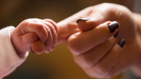A new baby holding the finger of its mother.