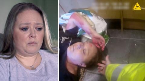 A composite image of a woman with long hair, wearing a grey tshirt and the same woman lying on floor with blood on her arm