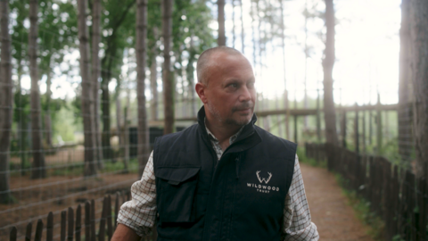 Mark Habben is walking down a path which has animal enclosures to his left and right. There are trees in the enclosures and wire fencing. Mr Habben is wearing a navy gilet with white Wildwood Trust branding on  the left breast pocket over a checked shirt. He has a shaven head and a light grey goatee and is looking to the left as he walks.