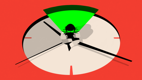 An illustration of a child in a clock, with a tablet held to their face
