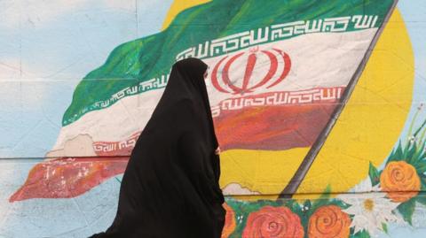 A woman walks past a mural of an Iranian flag and the sun, on a street in the Iranian capital, Tehran (file photo)