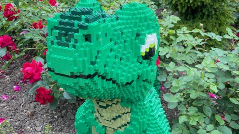 A baby dinosaur made out of green Lego bricks is pictured in the flower beds at Sewerby Hall. 