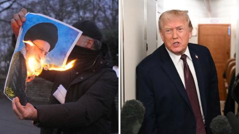 On the right left, anti-Iranian regime protester burns an image of Ayatollah Ali Khamenei and on the right we see Donald Trump.
