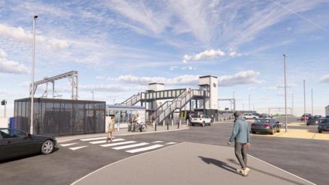 3D drawing of the new Balgray train station, showing the station, the car park and people walking around it