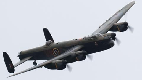 The Lancaster Bomber flying over the skies as it comes into land at IWM Duxford in Cambridgeshire. The jet took off from RAF Coningsby in Lincolnshire. 
