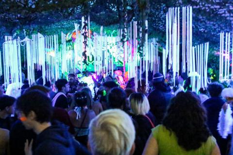 A crowd of people illuminated by neon lights hanging from the ceiling at Headland Festival