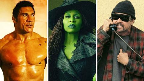 A composite image showing Dwayne Johnson in the film The Smashing Machine, Cynthia Erivo in the film Wicked, and Leondardo Dicaprio in the film One Battle After Another