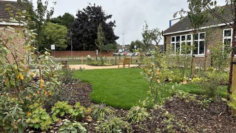 The garden with trees and plants in the foreground with grass and a wooden bench looking over a paved area