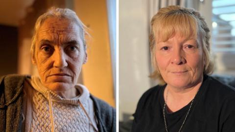 A composite image of two women looking straight at the camera in close-up shots. The one on the left has grey hair, and is wearing grey jumpers. The other has blonde hair. She is wearing a black top with a silver chain hanging over it. 