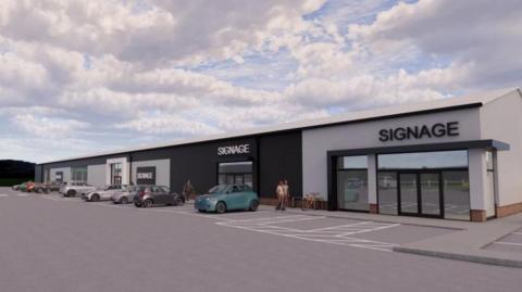 An artist's impression of a converted kitchen showroom which is now a series of shop units in a retail park. There is a car park at the front and several cars parked and a few pedestrians. 