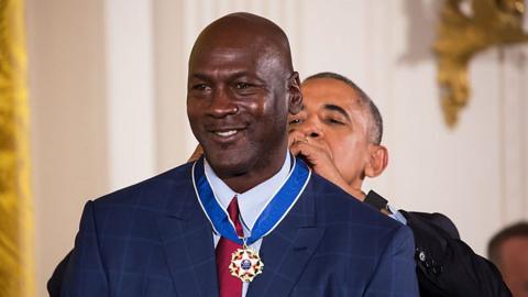 Michael Jordan being awarded the Presidential Medal of Freedom by US President Barack Obama