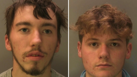 Two young men in police mugshots looking straight at the camera