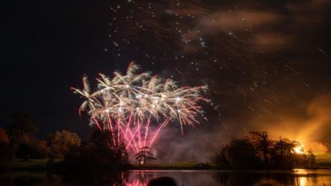 Pink fireworks shooting up into white sparks with trees along a bank and a large expanse of water