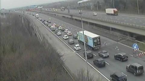 Traffic seen queuing on the M6 northbound on a motorway traffic camera.