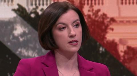 Education Secretary Bridget Phillipson speaking on Sunday with Laura Kuenssberg. She is wearing a pink blazer and her hair is in a bob