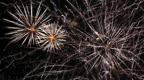 Exploding fireworks fill the night sky