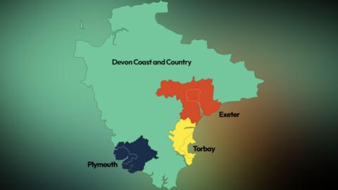 A graphic showing a map of the four new council. The map is green, yellow, blue and orange.