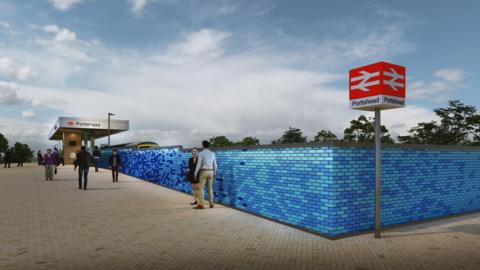 A CGI image of the outside of Portishead railway station.