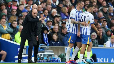 Erik ten Hag, Manager of Manchester United, gestures during the Premier League match between Brighton & Hove Albion FC and Manchester United FC at Amex Stadium