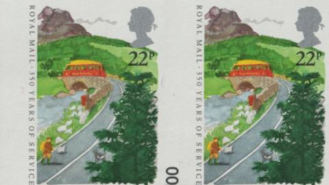 A photo of two scanned retro stamps. They are both the same. They have the 22p price with the Queen's head in the top right hand corner. It has writing on the left saying "Royal Mail - 350 years of service". They have a red post bus travelling along a country road going across a bridge. 