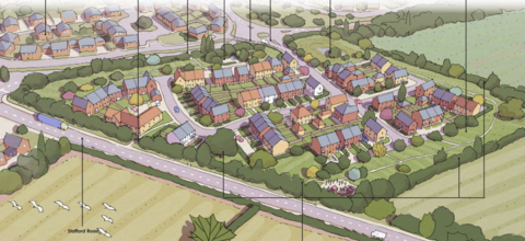 An artist impression of the planned development shows the homes surrounded by green fields with trees and bushes