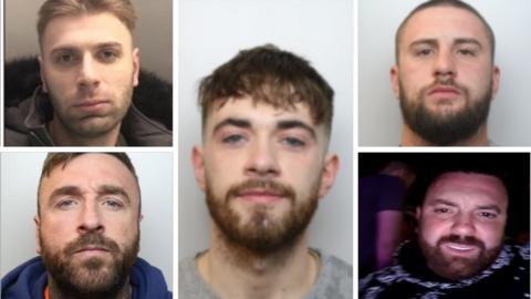 Police mugshots of five men. Konrad Kupczyk (top left);  Jack Miller (centre); Owen Lloyd (top right); Stephen Lloyd (bottom left); John Collins (bottom right).