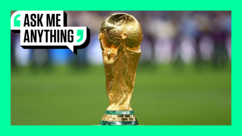 The World Cup trophy with an Ask Me Anything border around it