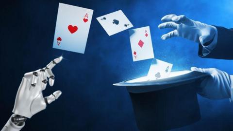 Illustration of a magician performing a trick with some cards and a top hat and a robotic hand.