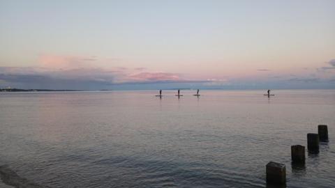 Four paddleboarders are on a calm sea in Poole Bay at sunrise. The sky is flowing pink and there are white fluffy clouds on the horizon. 