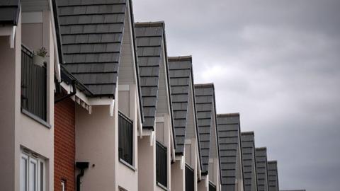 The tops of new build houses standing in a  row