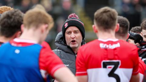 Derry boss Ciaran Meenagh gives a team talk 