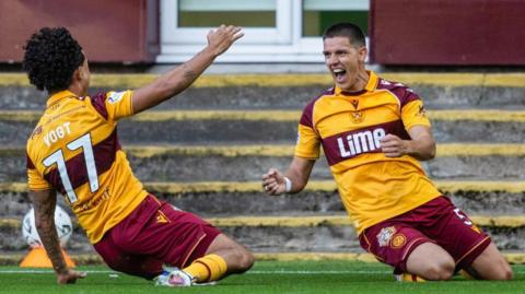 Motherwell's Martin Moormann (right) celebrates his first-half goal with Willy Vogt