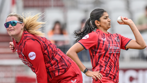 Sophie Ecclestone bowling on the left while wearing sunglasses and Mahika Gaur bowling on the right