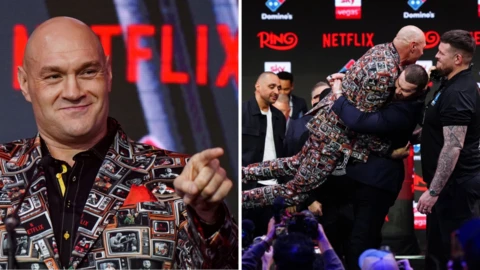 Split image of Tyson Fury point and smiling, and Arslanbek Makhmudov picking up Fury