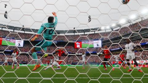 Picture taken from behind the goal as England score against Panama in the 2026 Fifa World Cup.