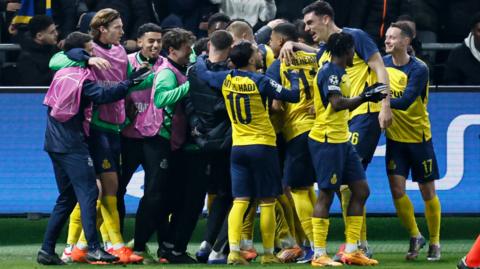 Union St-Gilloise's Israeli forward Anan Khalaili celebrates with teammates after scoring his team's first goal