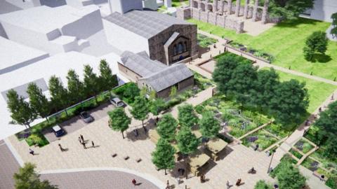 Plans of St Botolph's Square in Colchester with footpaths and lots of green spaces and trees. 