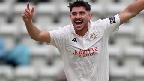 Josh Tongue celebrates taking wicket
